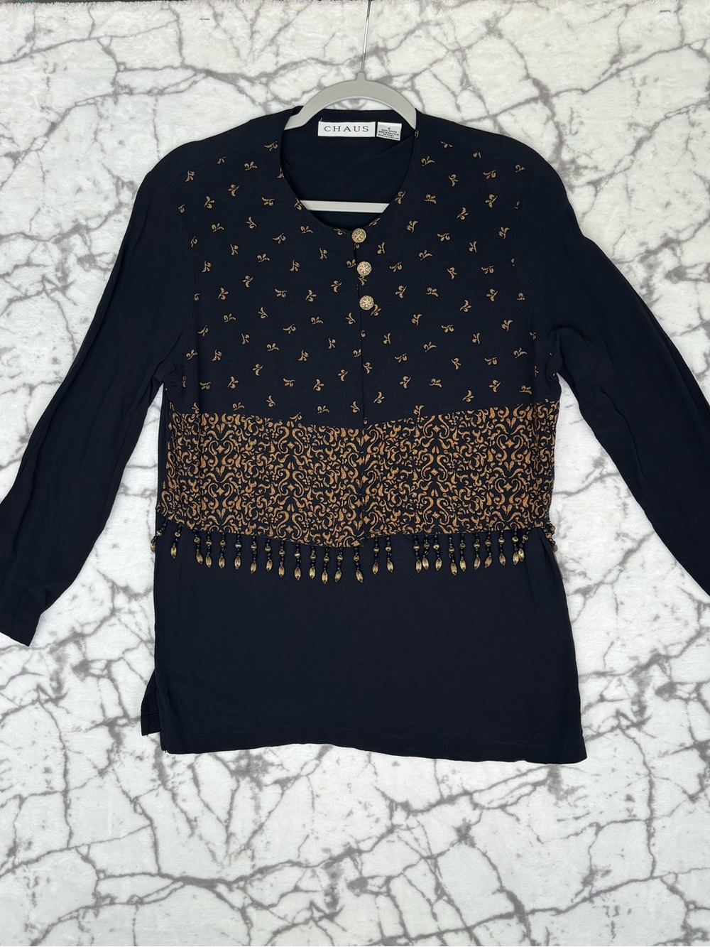 CHAUS Black Tunic with Gold Beaded Waist Detail Women’s Size 6 Chest Buttons